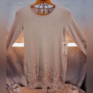 Fleur De Lis Soft Taupe Tunic Medium Sweater Cashmere Blend Beaded Lace NWT